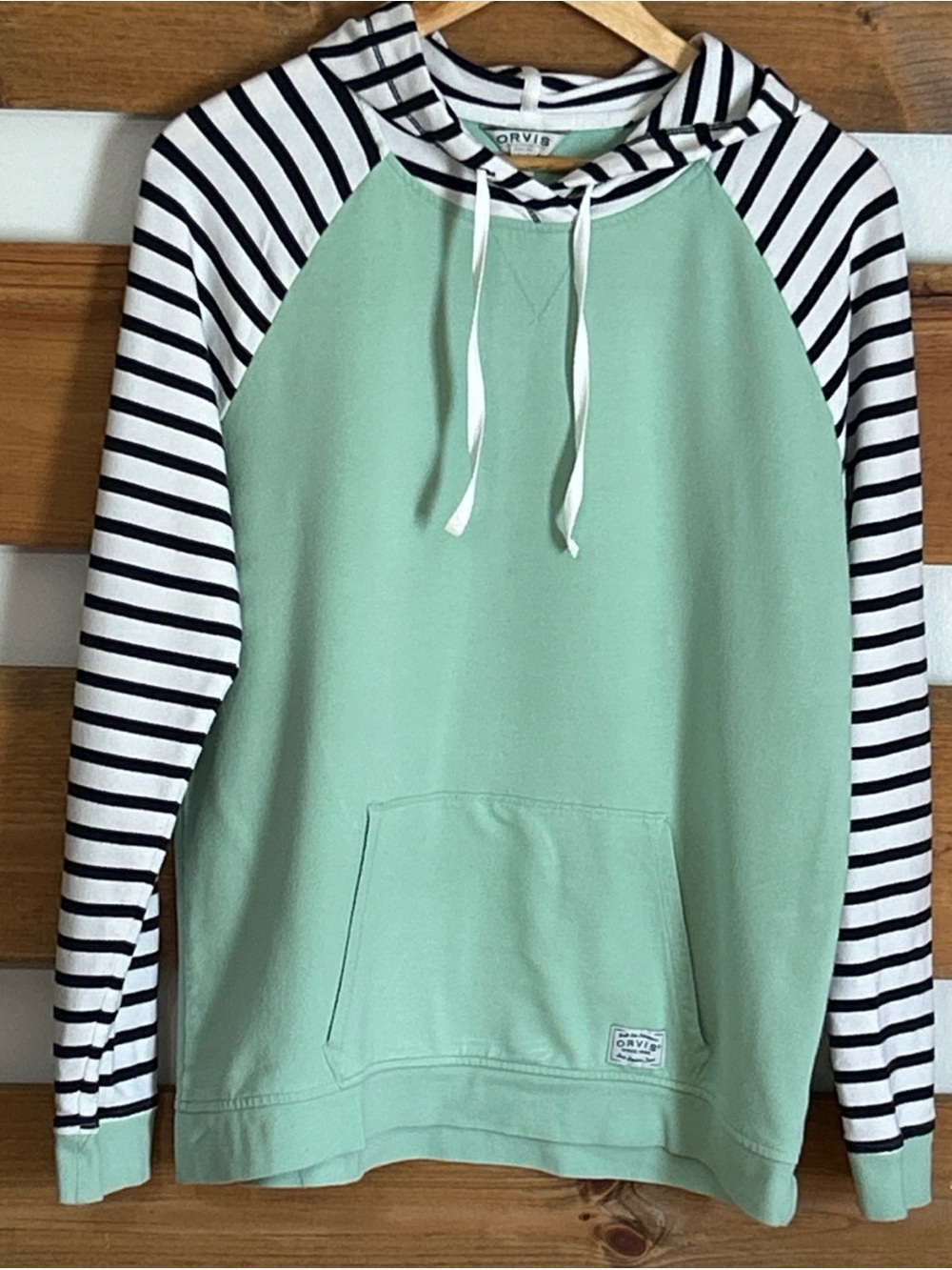 Orvis Classic Striped Sleeve Mint Green & Navy Comfy Hoodie Women's Size Medium - Picture 1 of 10